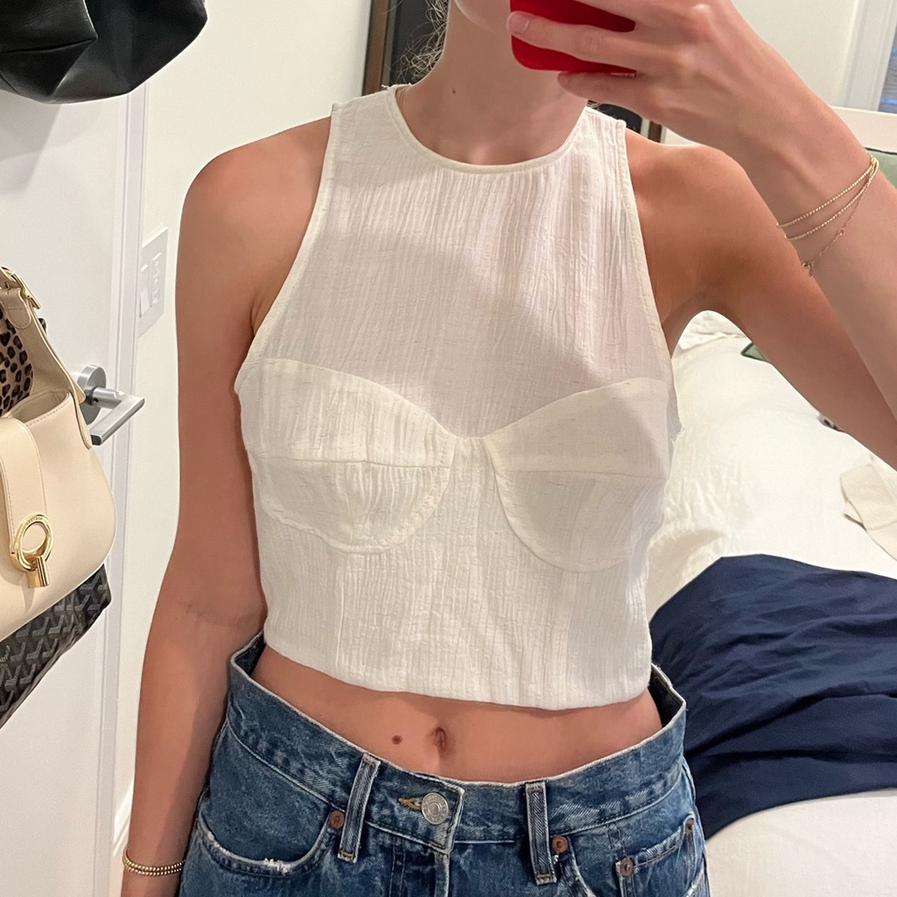Mango Cream Linen High-Neck Cropped Tank Top